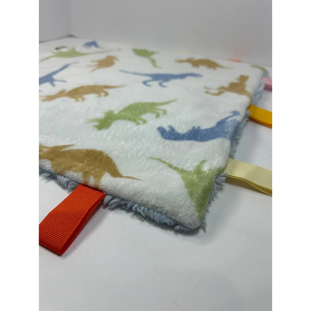 Tourance Baby Dinosaur Sensory Taggy‎ Blanket Blue Plush Faux Fur Ribbon Loops